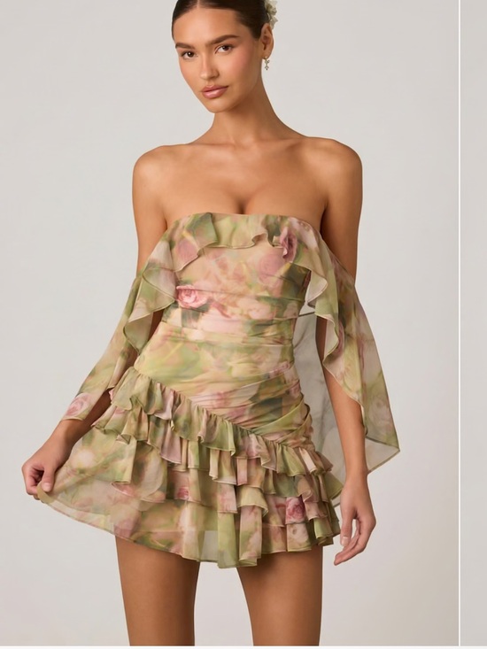 Oh Polly Dresses & Skirts - Oh Polly Floral Off-Shoulder Ruffle Mini Dress in Green and Pink